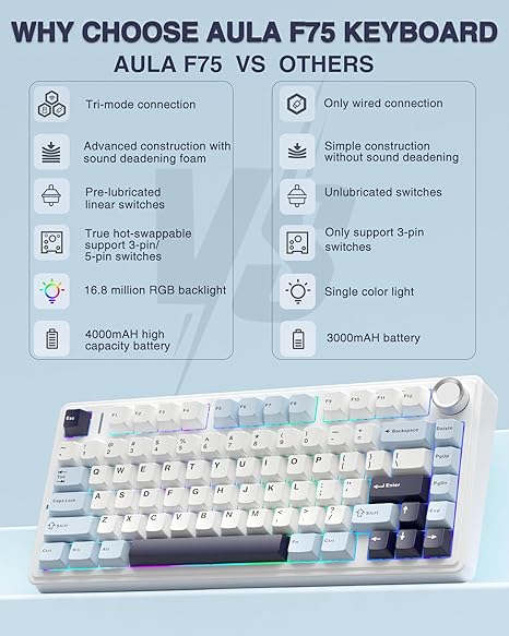 AULA F75 75% Wireless Mechanical Keyboard, Hot Swappable Creamy Keyboard